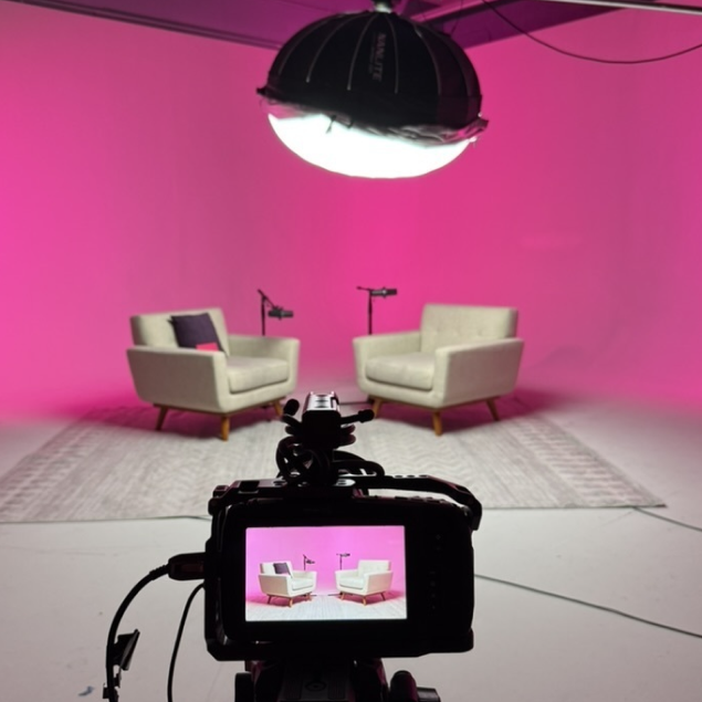 The Podhead Studio filming set with two chairs, microphones, and a hot pink backdrop